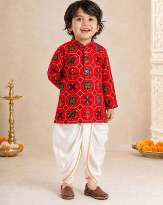 Boy's red rayon ikkat thigh length kurta and dhoti set 2