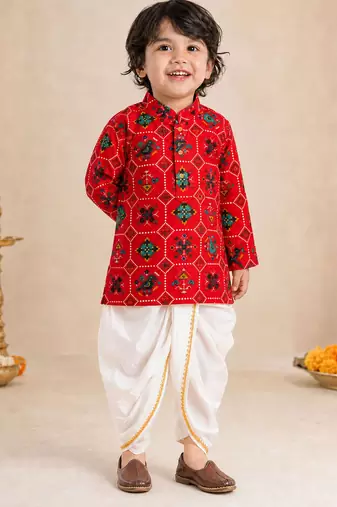 Boy's red rayon ikkat thigh length kurta and dhoti set