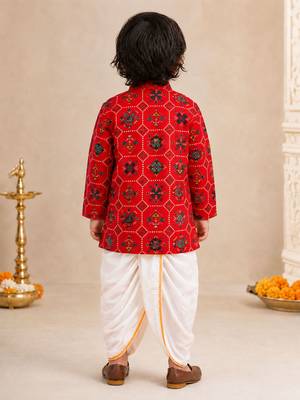 Boy's red rayon ikkat thigh length kurta and dhoti set 3