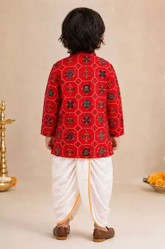 Boy's red rayon ikkat thigh length kurta and dhoti set