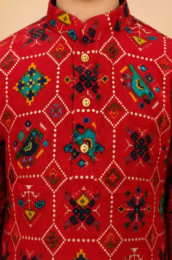 Boy's red rayon ikkat thigh length kurta and dhoti set