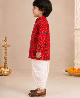 Boy's red rayon ikkat thigh length kurta and dhoti set 5
