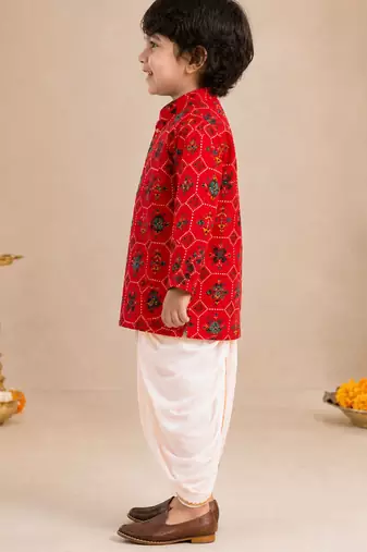 Boy's red rayon ikkat thigh length kurta and dhoti set
