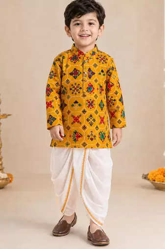 Boy's mustard rayon ikkat thigh length kurta and dhoti set