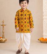 Boy's mustard rayon ikkat thigh length kurta and dhoti set