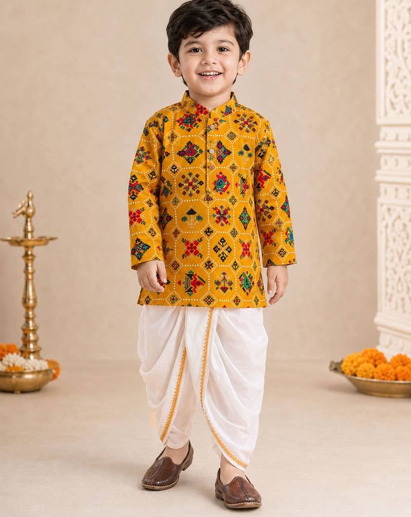 Boy's mustard rayon ikkat thigh length kurta and dhoti set