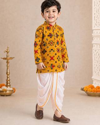 Boy's mustard rayon ikkat thigh length kurta and dhoti set 2