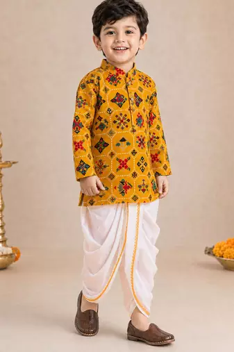 Boy's mustard rayon ikkat thigh length kurta and dhoti set