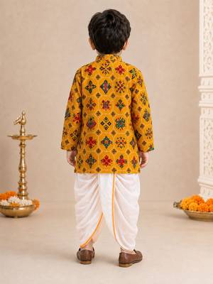 Boy's mustard rayon ikkat thigh length kurta and dhoti set 3