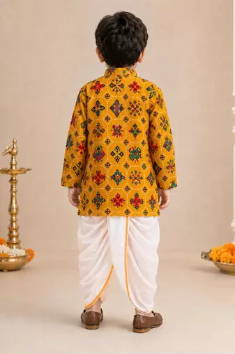 Boy's mustard rayon ikkat thigh length kurta and dhoti set