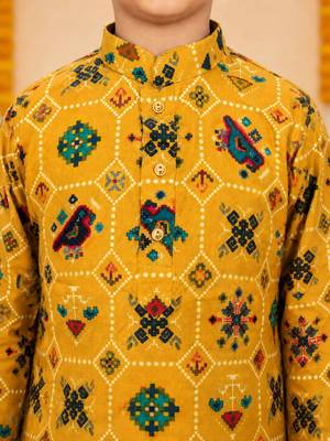 Boy's mustard rayon ikkat thigh length kurta and dhoti set 4