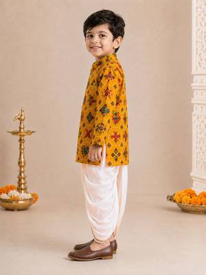 Boy's mustard rayon ikkat thigh length kurta and dhoti set 5