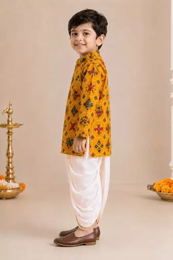Boy's mustard rayon ikkat thigh length kurta and dhoti set