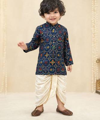 Boy's navy blue rayon ikkat thigh length kurta and dhoti set 1