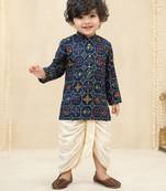 Boy's navy blue rayon ikkat thigh length kurta and dhoti set