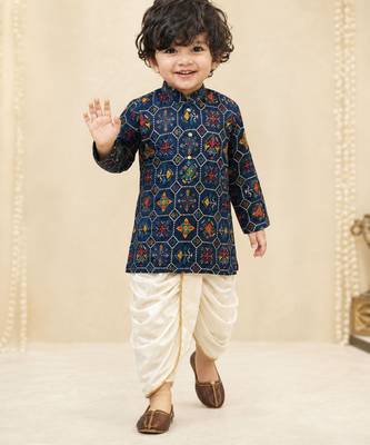 Boy's navy blue rayon ikkat thigh length kurta and dhoti set 2