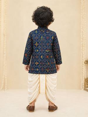 Boy's navy blue rayon ikkat thigh length kurta and dhoti set 3
