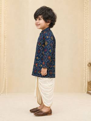 Boy's navy blue rayon ikkat thigh length kurta and dhoti set 5