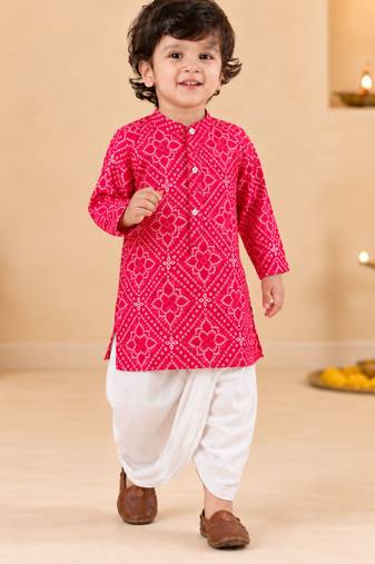 Boy's red cotton bandhni thigh length kurta and dhoti set