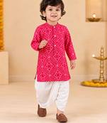 Boy's red cotton bandhni thigh length kurta and dhoti set