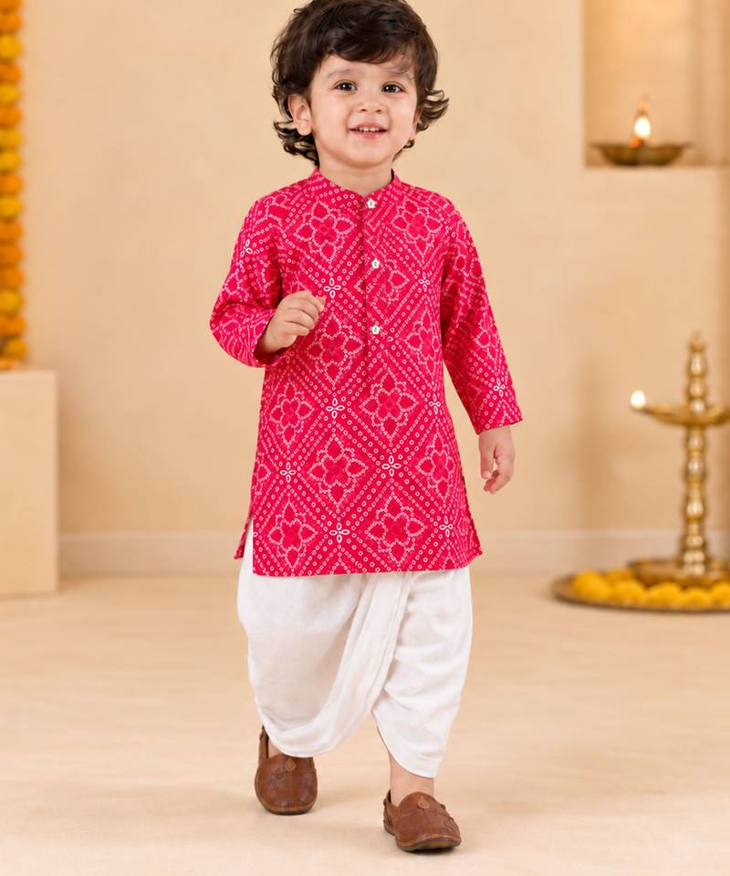 Boy's red cotton bandhni thigh length kurta and dhoti set
