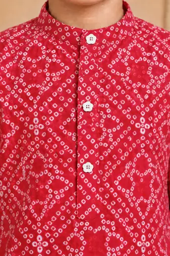 Boy's red cotton bandhni thigh length kurta and dhoti set