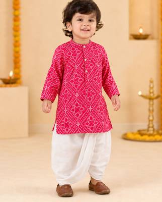 Boy's red cotton bandhni thigh length kurta and dhoti set 3