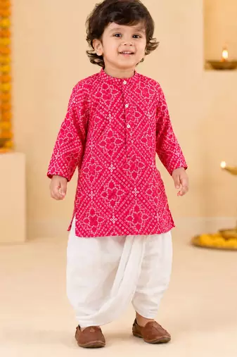 Boy's red cotton bandhni thigh length kurta and dhoti set