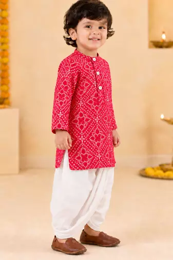 Boy's red cotton bandhni thigh length kurta and dhoti set