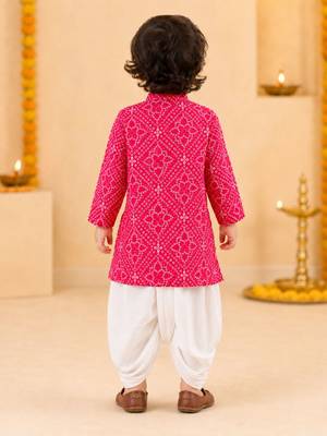 Boy's red cotton bandhni thigh length kurta and dhoti set 5