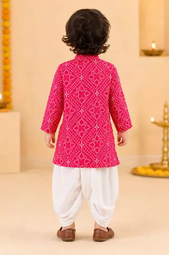 Boy's red cotton bandhni thigh length kurta and dhoti set