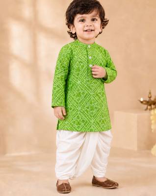 Boy's green cotton bandhni thigh length kurta and dhoti set 1