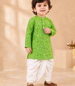 Boy's green cotton bandhni thigh length kurta and dhoti set