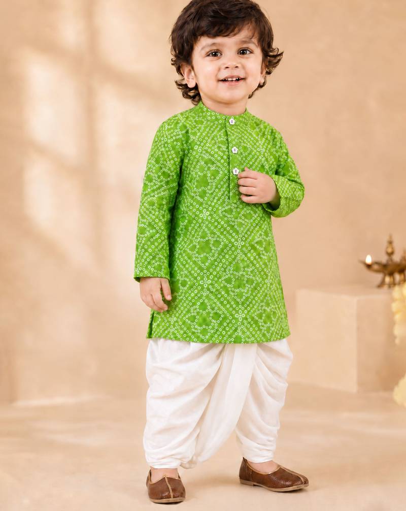 Boy's green cotton bandhni thigh length kurta and dhoti set