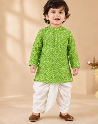Boy's green cotton bandhni thigh length kurta and dhoti set 3