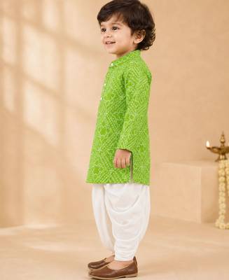 Boy's green cotton bandhni thigh length kurta and dhoti set 4