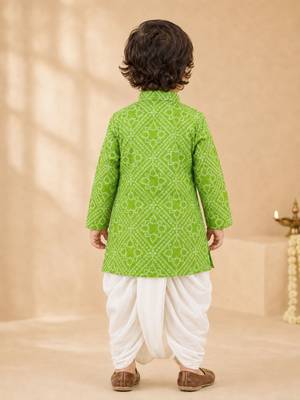 Boy's green cotton bandhni thigh length kurta and dhoti set 5