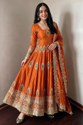 Orange  silk blend embroidered anarkali kurta set with pant and dupatta 5