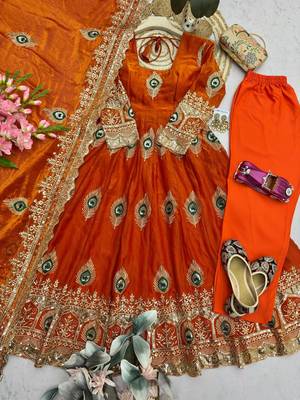 Orange  silk blend embroidered anarkali kurta set with pant and dupatta 6