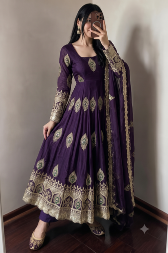 Purple silk blend embroidered anarkali kurta set with pant and dupatta