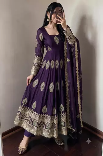 Purple silk blend embroidered anarkali kurta set with pant and dupatta