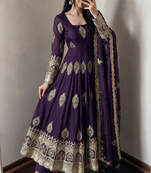 Purple silk blend embroidered anarkali kurta set with pant and dupatta