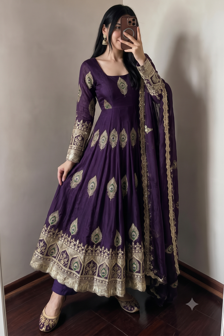 Purple silk blend embroidered anarkali kurta set with pant and dupatta