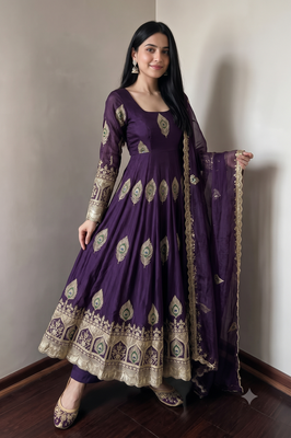 Purple silk blend embroidered anarkali kurta set with pant and dupatta 2