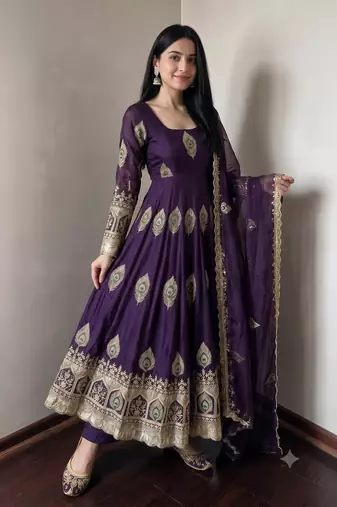 Purple silk blend embroidered anarkali kurta set with pant and dupatta