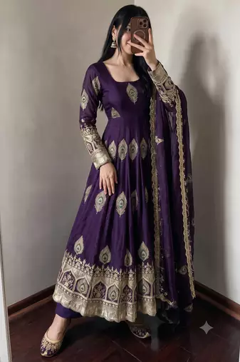 Purple silk blend embroidered anarkali kurta set with pant and dupatta