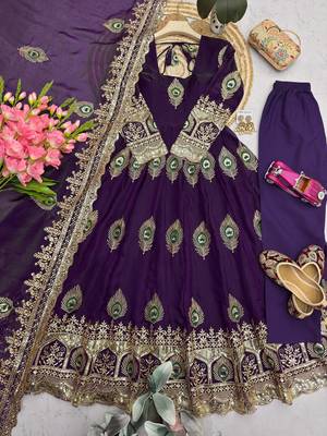 Purple silk blend embroidered anarkali kurta set with pant and dupatta 4