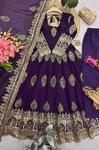 Purple silk blend embroidered anarkali kurta set with pant and dupatta