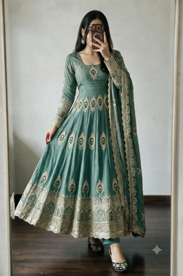 Sea green silk blend embroidered anarkali kurta set with pant and dupatta 1