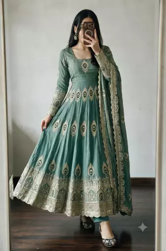 Sea green silk blend embroidered anarkali kurta set with pant and dupatta